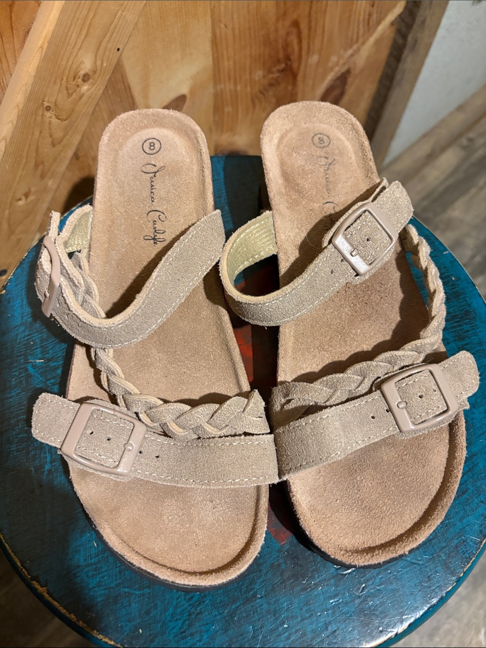 Braided Taupe Suede Slide Sandals with Buckle Straps